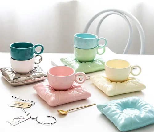 Vista 2 de Taza de café de cerámica, taza de cerámica con platillo, tazas de café con leche y taza de espresso, tazas de capuchino con platillos, juego de taza