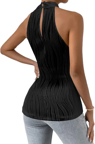 Vista 2 de SOFIA'S CHOICE Camiseta sin mangas sexy con cuello halter para mujer, con textura cruzada