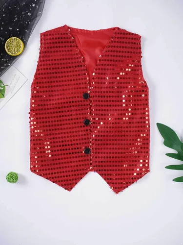 Vista 6 de TiaoBug Chaleco de lentejuelas para niños y niñas, chaleco de fiesta de coro, chaqueta de hip hop, jazz, danza callejera, camiseta con sombrero