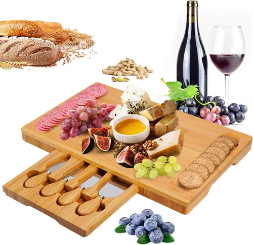 Vista 7 de Tabla de queso de bambú con juego de utensilios y 4 cuchillos de corte de acero inoxidable para galletas y bandeja para servir carne