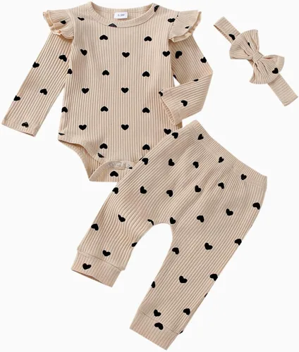 Vista 12 de Ropa de bebé para niña recién nacida, conjunto de trajes de otoño e invierno, mameluco de manga larga con volantes acanalados, juego de 3 piezas