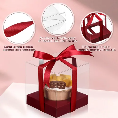 Vista 3 de Thenshop 50 cajas transparentes para cupcakes individuales de 3.5 pulgadas, cajas individuales de plástico para cupcakes con insertos y cinta