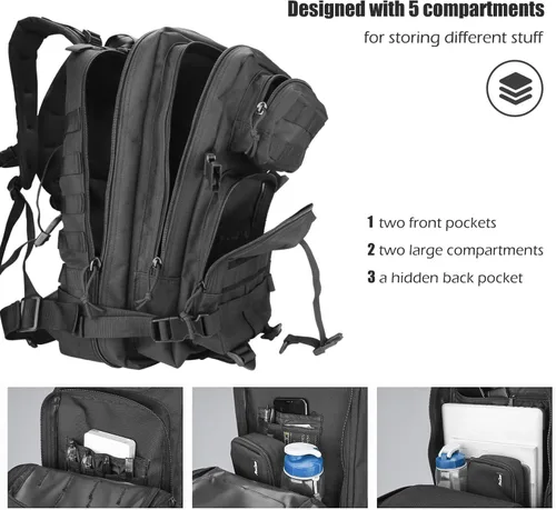 Vista 3 de ProCase Mochila táctica militar, mochila de gran capacidad de 35 L, paquete de asalto militar de 2 días, bolsa para caza, senderismo, campamento