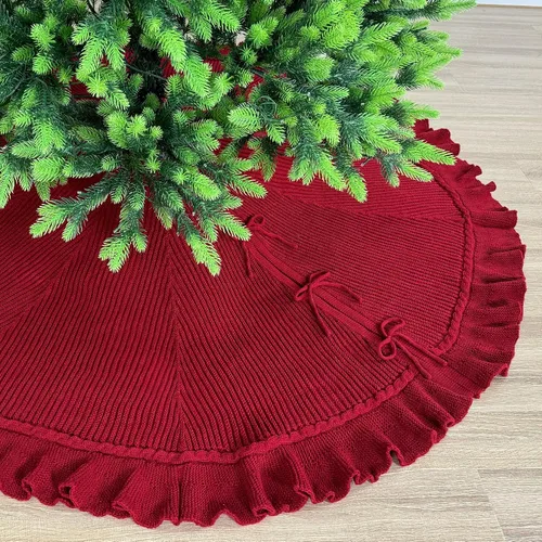 Vista 7 de Suéter de 36 pulgadas con volantes, falda de árbol de Navidad de punto con lazos de encaje, color burdeos