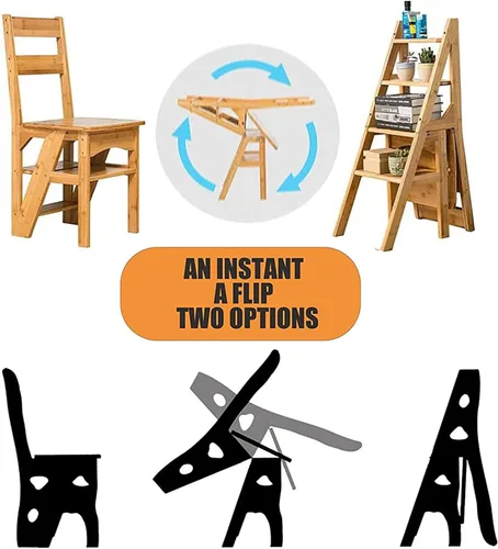 Vista 4 de Silla de escalera plegable de madera, taburete y silla 2 en 1, estilo rústico, perfecta para comedor, uso en interiores y exteriores, capacidad