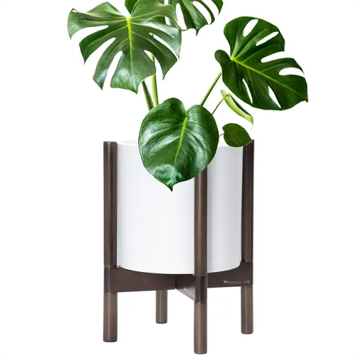 Vista 50 de Maceta de D'vine Dev con soporte - Maceta de flores de cilindro de plástico de 8.0 pulgadas con soporte de madera para interiores, maceta mate negra