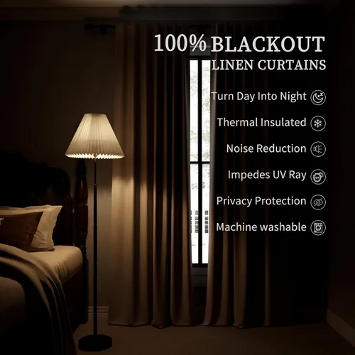 Vista 4 de BOODII Cortinas de lino 100% opacas para dormitorio de 108 pulgadas de largo, con aislamiento térmico, oscurecimiento de la habitación, cortinas