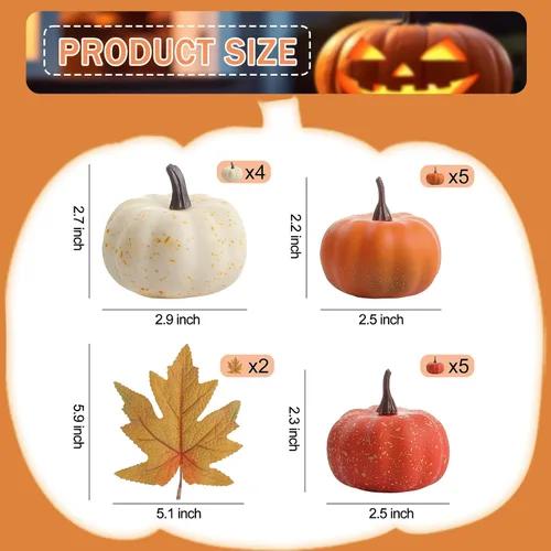 Vista 3 de LZNPA Juego de 16 mini calabazas artificiales artificiales con hojas de otoño, espuma de plástico tallable, pequeñas calabazas blancas