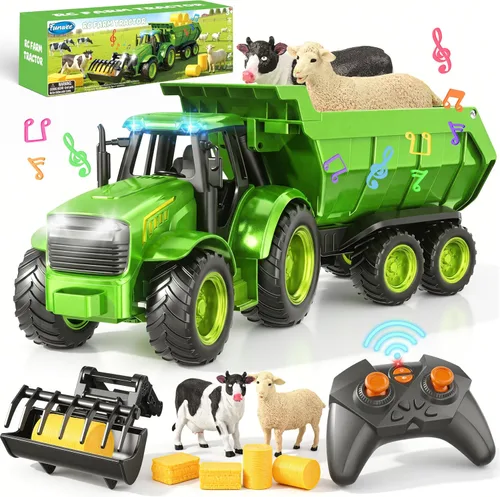 Vista 9 de Funwee Juego de juguete de tractor de granja RC con cargador, remolque y Verde brillante