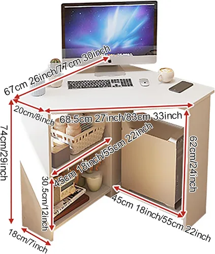 Vista 2 de Escritorio esquinero para espacio pequeño, escritorio de computadora triangular con estantes de almacenamiento y soporte para CPU, mesa de tocador