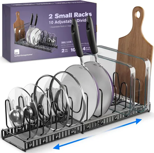 Vista 7 de BetterThingsHome - Soporte organizador de sartenes: se puede extender a 22.25 pulgadas, total 7 compartimentos ajustables. Gris Oscuro