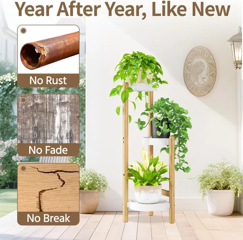 Vista 4 de LASZOLA Soporte de bambú blanco de 3 niveles resistente para plantas en interiores, estante vertical alto de múltiples niveles para esquina estrecha