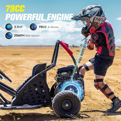Vista 4 de HOVER HEART 79cc 4-Stroke Gas Go Kart, 2.5HP todoterreno GoKart aprobado por EPA con marco tubular de acero, cinturón de seguridad, neumáticos todo