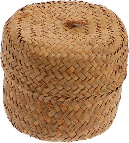 Vista 10 de Caja tejida hecha a mano de la cesta de la flor de la paja mini maneja redonda de la cesta