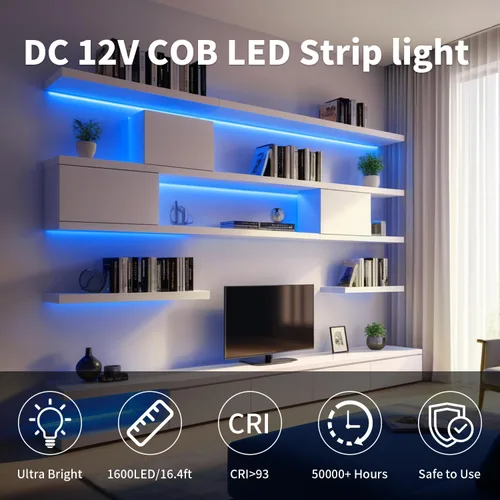 Vista 2 de Tira de Luz LED COB Azul, 16.5 pies / 5M 8mm / 0.3 Pulgadas 12V, Tira de Luz LED 1600 Brillante Azul con Adaptador de Corriente, Tira de Luz LED COB