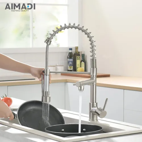 Vista 4 de AIMADI - Grifo de cocina con rociador desplegable, grifo de cocina comercial de arco alto, de una sola manija, de acero inoxidable con níquel Níquel