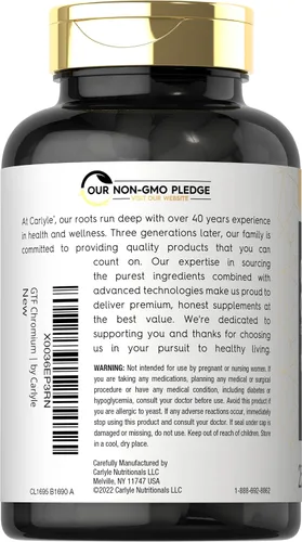 Vista 3 de Carlyle Suplemento de cromo GTF 600 mcg 250 cápsulas Factor de tolerancia a la glucosa Fórmula sin OMG y sin gluten