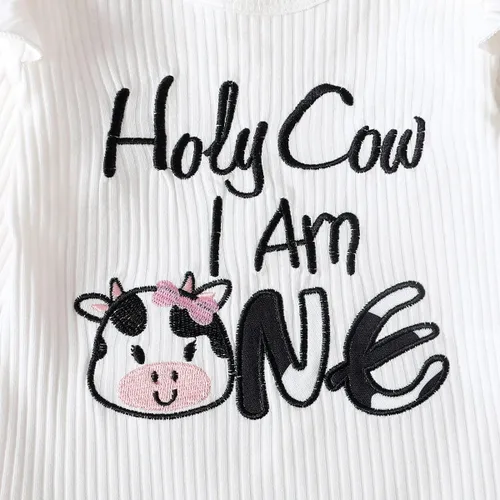 Vista 4 de Traje de primer cumpleaños para niña, traje de cumpleaños de vaca, traje de bebé Holy Cow I'm One