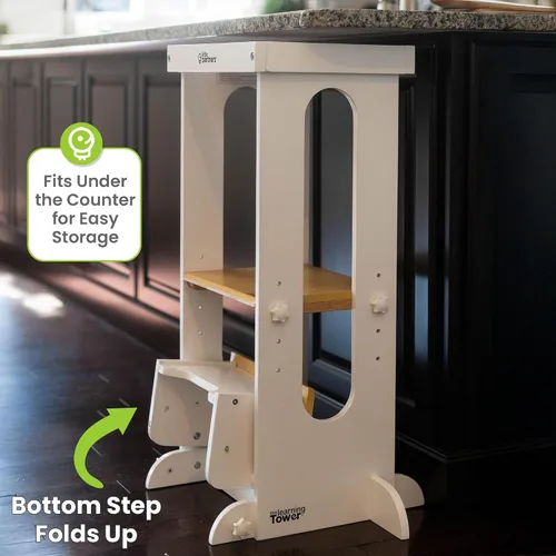 Vista 6 de Little Partners Torre Plegable para Niños Pequeños, Torre de Aprendizaje Explore 'N Store Montessori Torre de Cocina de Pie con Plataforma de Blanco