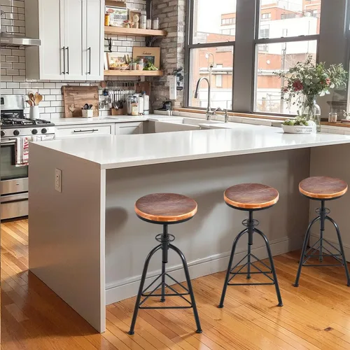 Vista 8 de Topower Taburete de bar de altura ajustable de metal de diseño industrial antiguo, silla de desayuno de comedor de cocina, taburete de madera