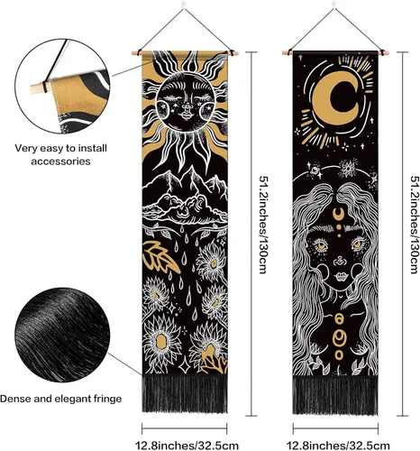 Vista 7 de ARTCREATOR Paquete de 2 tapices de sol y luna para colgar en la pared, tapiz estético vertical, arte misterioso, tapices largos para habitación