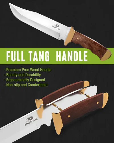 Vista 4 de Mossy Oak - Cuchillo Bowie de 14 pulgadas, mango de madera, cuchillo de caza Hoja fija de espiga completa, funda de cuero, cuchillos de caza