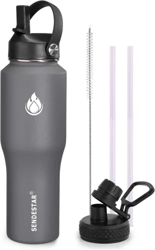 Vista 24 de SENDESTAR - Botella de agua de 0,9 L, 2 tapas (tapa con pajita), boca ancha de acero inoxidable aislada al vacío, doble pared, mantiene los líquidos