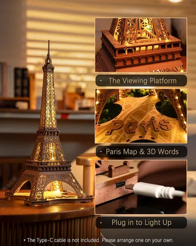 Vista 2 de ROBOTIME Rompecabezas 3D para adultos, kit de construcción de modelos de bricolaje, torre Eiffel y caja de música de madera, atardecer carnaval