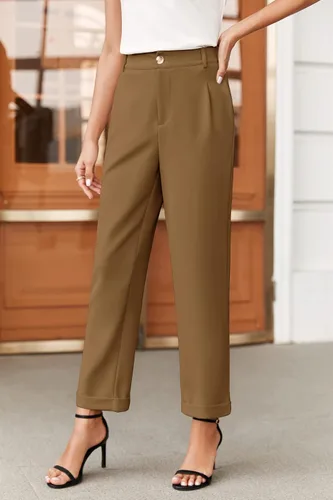 Vista 5 de Febriajuce Pantalones de vestir de cintura alta elástica para mujer, pantalones de trabajo plisados con botones, pantalones de trabajo de pierna