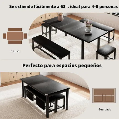Vista 3 de Einhomn Juego de Mesa de Comedor de 5 Piezas para 4-6, Mesa de Cocina Extensible de 63" con 2 Bancos y 2 Taburetes, Estructura de Metal y Tablero