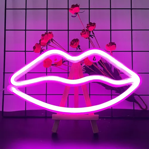 Vista 3 de ENUOLI Letreros de neón con forma de labios, luz nocturna rosa, luz de pared LED, luces de neón decorativas románticas para dormitorio, bar