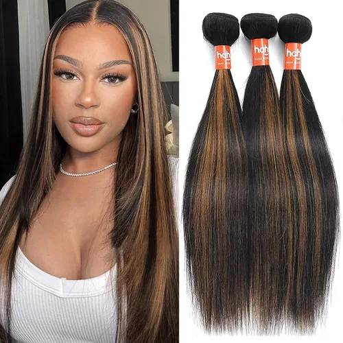 Vista 10 de Extensiones de cabello humano marrón con reflejos de Haha con cierre, extensiones lisas con cierre ombre, extensiones de cabello humano con cierre