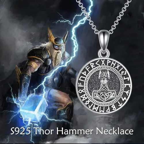 Vista 2 de VONALA Collar de Halloween de plata de ley con diseño de calavera pirata, martillo de Thor, collar de brújula para hombres, collar de urna