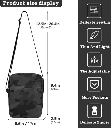 Vista 3 de Bolso tipo mensajero de camuflaje negro y gris para mujeres y hombres, bolso cruzado para el hombro, cartera para teléfono celular, bolso lateral