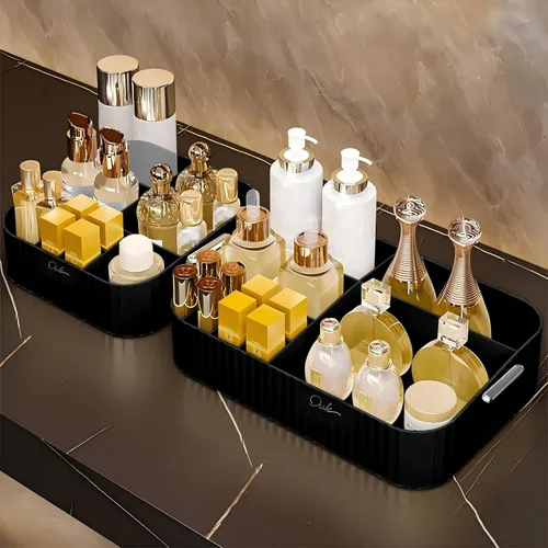 Vista 2 de DASITON Organizador de maquillaje acrílico, soporte para brochas de maquillaje con 9 ranuras, almacenamiento de maquillaje con asa, organizador