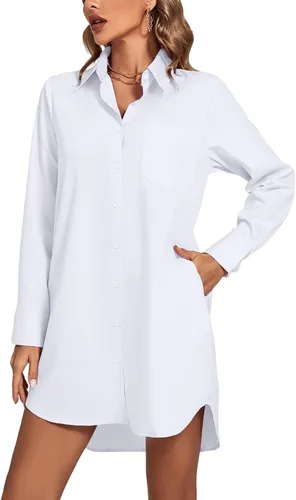 Vista 13 de LYANER Vestido camisero para mujer con cuello en V, botones, manga larga y dobladillo curvado
