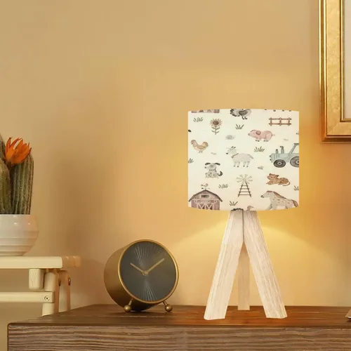 Vista 6 de Lámpara de mesa con trípode, acuarela, sin costuras, animales de granja, moderna, regulable, lámpara de escritorio, base de madera, pantalla de tela