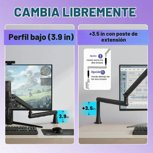 Vista 3 de CAHAYA Brazo de brazo para micrófono, soporte de brazo de micrófono ajustable de perfil bajo con poste de extensión de 3.5 pulgadas, adaptador