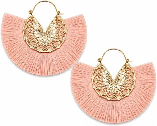 Vista 26 de Aretes de aro con borla, aretes colgantes de hilo de declaración, elegantes aretes largos con flecos, ligeros, largos y con gancho francés, para un