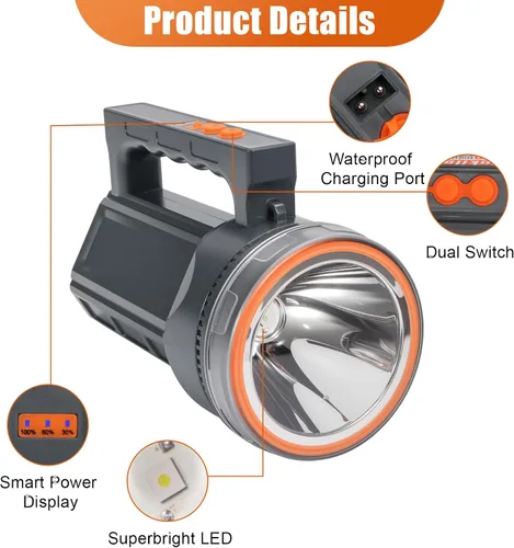 Vista 6 de Linterna de buceo recargable con pantalla de alimentación, IP68 impermeable y sumergible, interruptor doble, 4 modos, reflector LED portátil