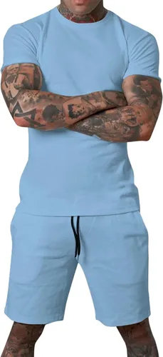 Vista 4 de Uni Clau Conjunto corto de 2 piezas para hombre, conjunto de camisa y pantalones cortos de verano a la moda
