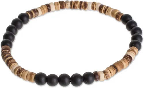 Vista 3 de NOVICA Pulsera de cuentas de concha de coco ónix de 7.5 pulgadas, fuerza de tierra