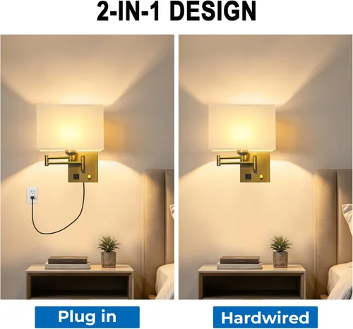 Vista 3 de Plug in Swing Arm Wall Sconce, Wall Lights for Living Room
