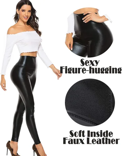 Vista 5 de KIWI RATA - Leggings de piel sintética de poliuretano cintura alta para mujer con levantamiento de glúteos color negro sexy para deportes yoga uso