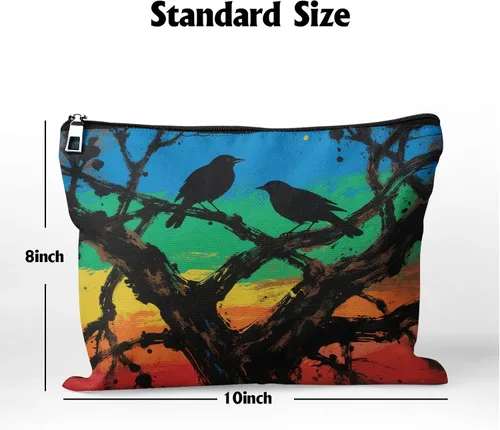 Vista 3 de Cafl Bolsa de maquillaje para mujeres y niñas, organizador de viaje portátil de gran capacidad, 10 x 8 pulgadas, Par de mirlo posado en ramas