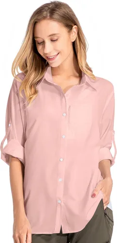 Vista 12 de Camisas de manga larga con protección solar UPF 50 para mujer, de secado rápido, para pesca al aire libre, senderismo, viajes 5019 Azul