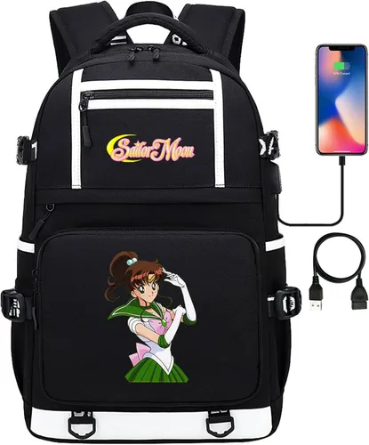 Vista 3 de Jotolan Mochila Sailor Moon con puerto de carga USB, mochila ligera para estudiantes, Negro2