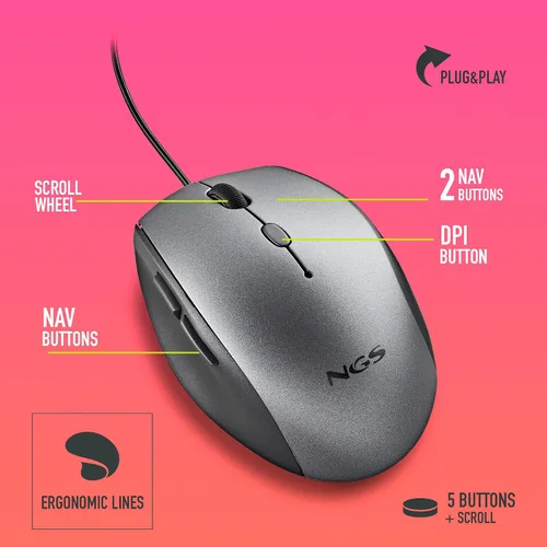 Vista 4 de NGS Moth - Ratón óptico gris con cable USB para computadora con 5 botones silenciosos y desplazamiento, mouse ergonómico, 800/1200/1600 DPI