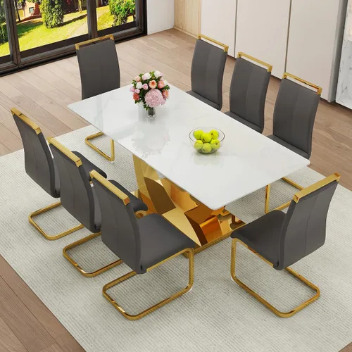 Vista 39 de Juego de Mesa de Comedor Negra para 6, Mesa de Comedor de Mármol Falso de 71" para 6, Juego de Mesa de Cocina Rectangular con Sillas de Cuero PU