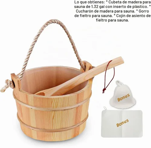 Vista 3 de Cubo de sauna con cucharón hecho a mano cubo de sauna de madera para sauna accesorio de spa - Cubo de sauna de 5 litros (1.3 galones) con sombrero